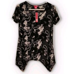 Prestige Edge Tunic Women Small Black Paisley Sharkbite Hem Boho MT400B